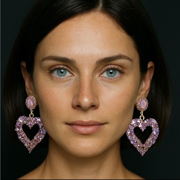 Lavender Crystal Heart Drop Statement Earrings - Picture 10 of 13